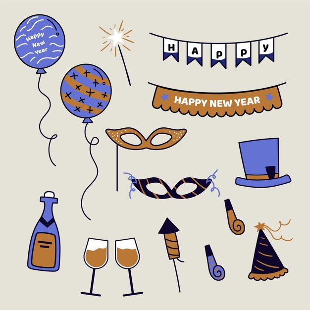 Colección de artículos de fiesta de año nuevo dibujados a mano