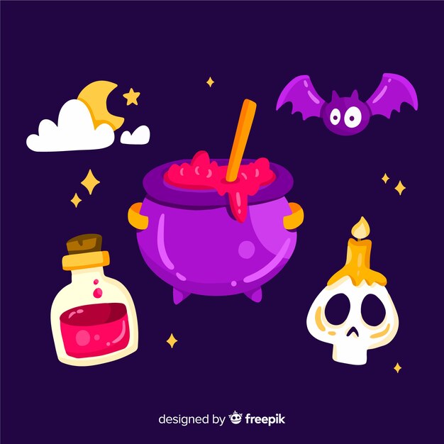 Colección de artículos de halloween en diseño plano