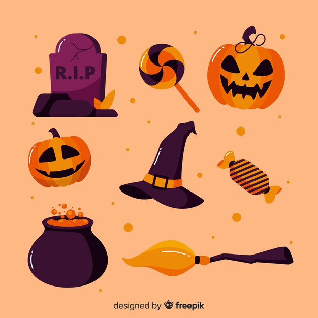 Colección de artículos de halloween en diseño plano