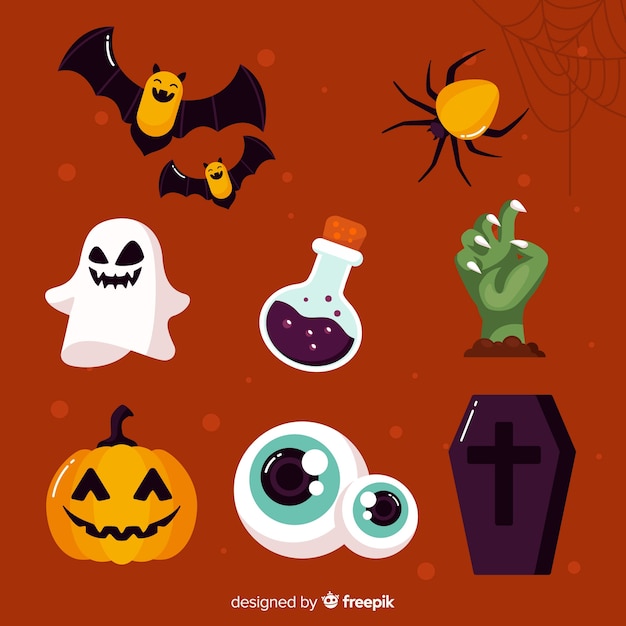 Colección de artículos de halloween en diseño plano