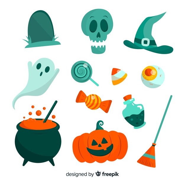 Colección de artículos de halloween en diseño plano