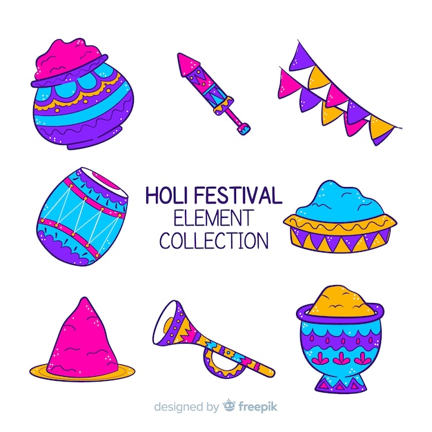 Colección de artículos de holi festival dibujado a mano