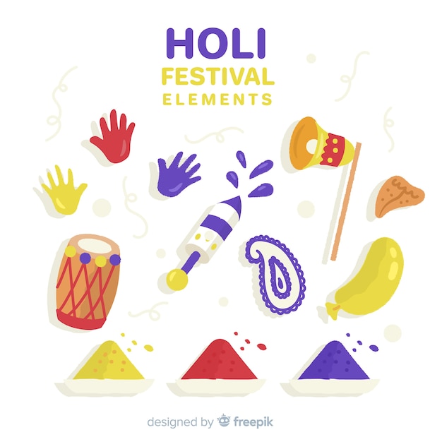 Colección de artículos de holi festival dibujado a mano