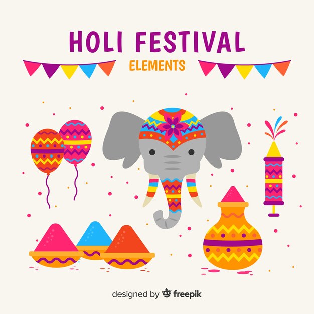 Colección de artículos de  holi festival en diseño plano