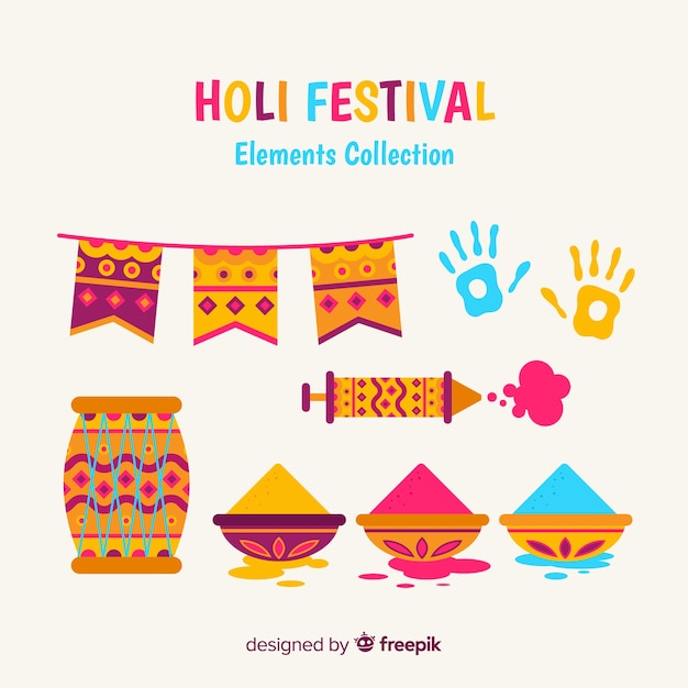 Colección de artículos de  holi festival en diseño plano