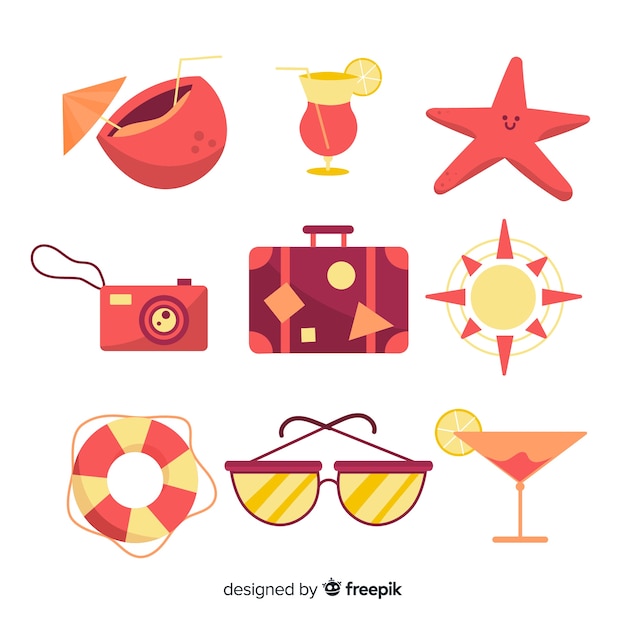 Vector gratuito colección de artículos de verano en diseño plano