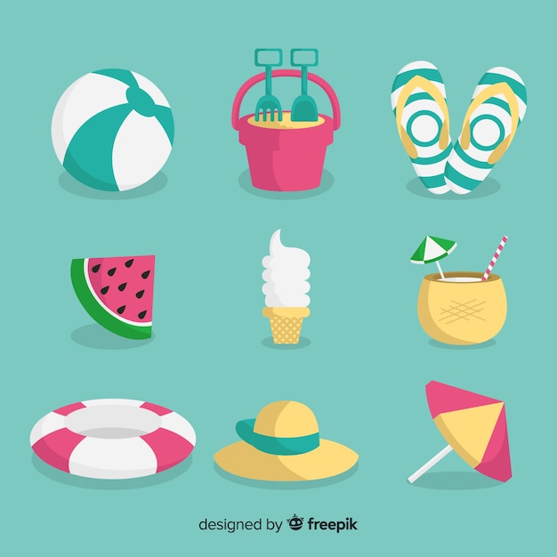 Vector gratuito colección de artículos de verano en diseño plano