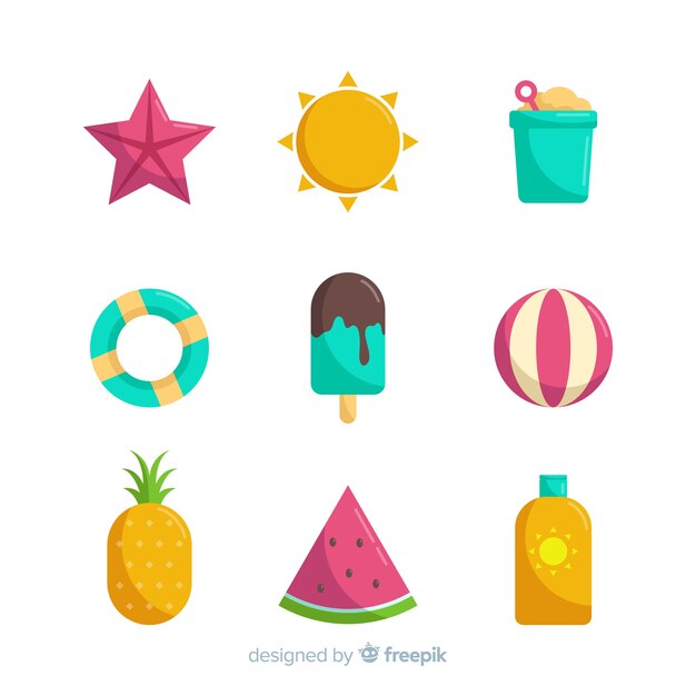 Colección de artículos de verano en diseño plano