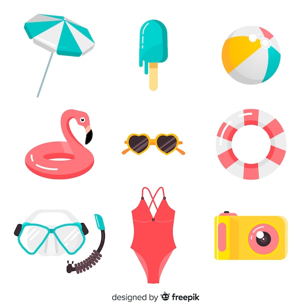 Vector gratuito colección de artículos de verano en diseño plano