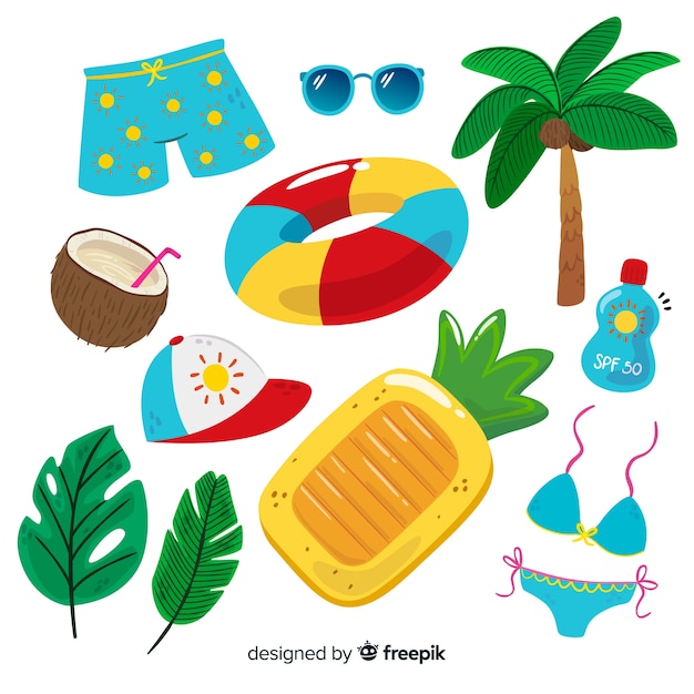 Vector gratuito colección de artículos de verano en diseño plano