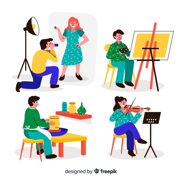 Colección de artistas en el trabajo.