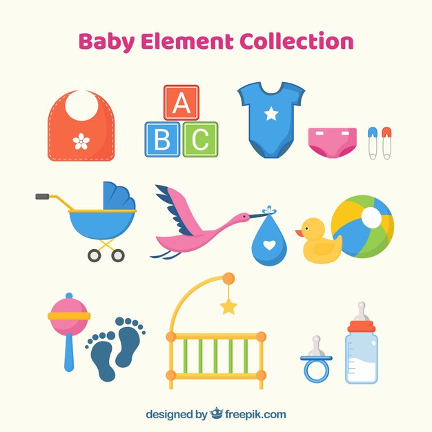 Colección de atributos de bebé en diseño plano