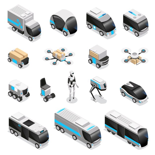 Colección automatizada de iconos isométricos de entrega de robots con lindos aviones no tripulados humanoides controlados por control remoto ilustración de vehículos no tripulados