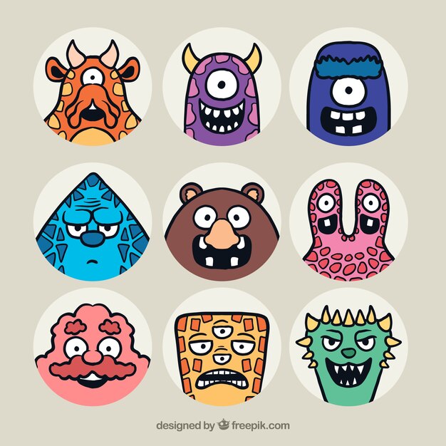 Colección de avatares de monstruos dibujados a mano 