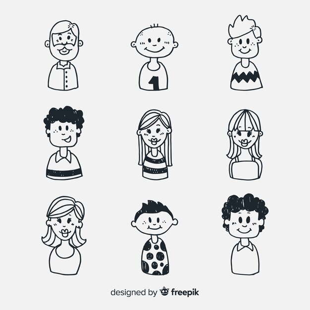 Colección avatares de personas sin color dibujados a mano