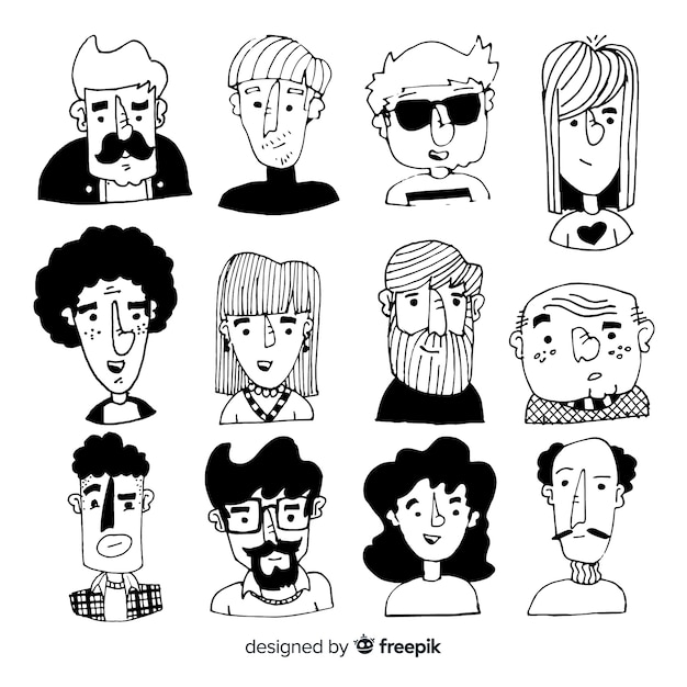 Colección avatares de personas sin color dibujados a mano