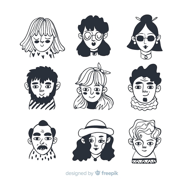 Colección avatares de personas sin color dibujados a mano