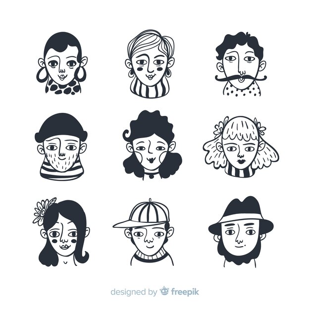 Colección avatares de personas sin color dibujados a mano