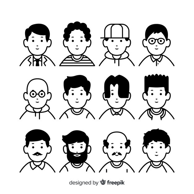 Colección avatares de personas sin color dibujados a mano