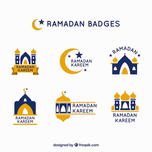 Colección azul y amarilla de etiquetas de ramadán