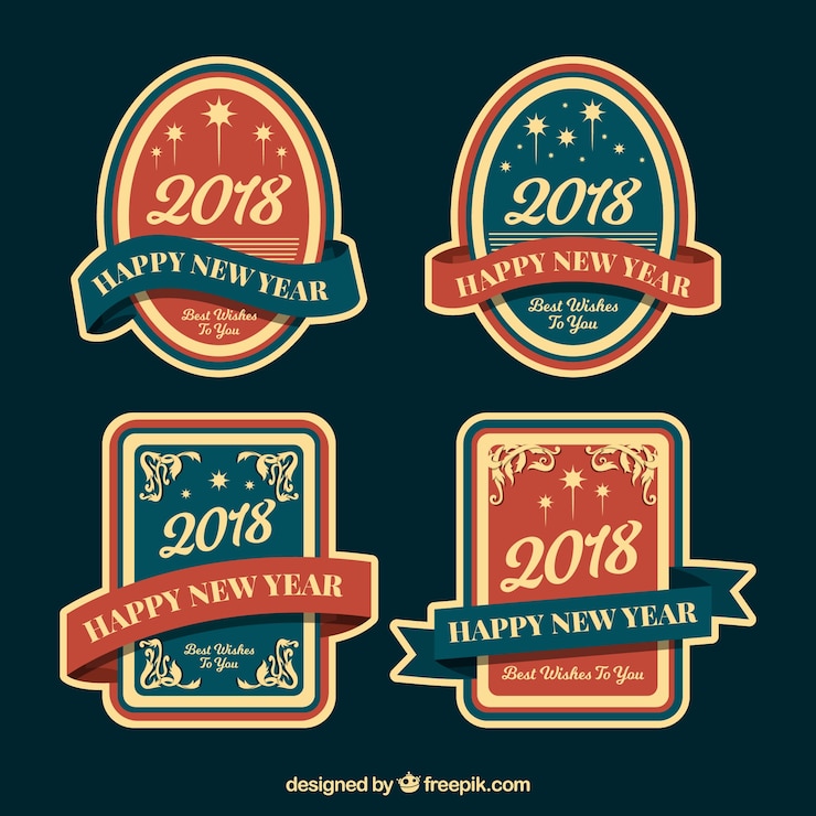 Vector gratuito colección de badges de año nuevo 2018 vintage en azul y rojo