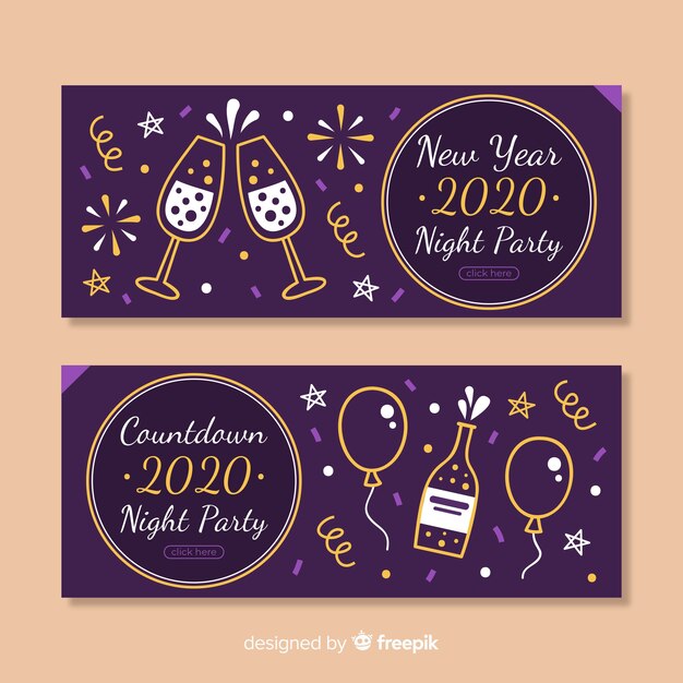 Colección de banners de fiesta de año nuevo 2020 de diseño plano