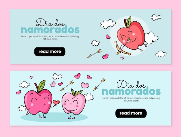 Colección de banners horizontales dia dos namorados dibujados a mano