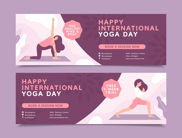 Vector gratuito colección de banners horizontales del día internacional del yoga plano