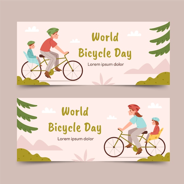 Colección de banners horizontales del día mundial de la bicicleta plana