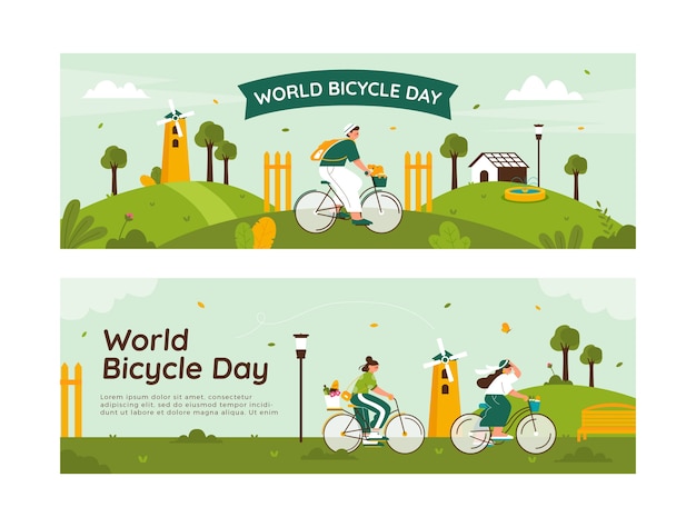 Colección de banners horizontales del día mundial de la bicicleta plana