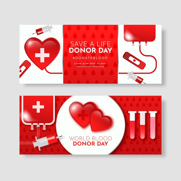 Vector gratuito colección de banners horizontales del día mundial del donante de sangre degradado
