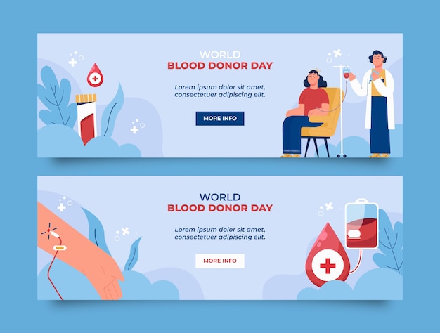 Colección de banners horizontales del día mundial del donante de sangre dibujados a mano