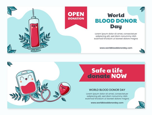 Vector gratuito colección de banners horizontales del día mundial del donante de sangre dibujados a mano