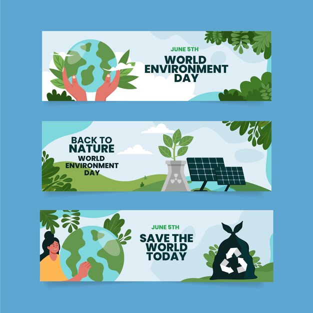 Colección de banners horizontales del día mundial del medio ambiente plano