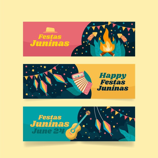 Colección de banners horizontales festas juninas planas