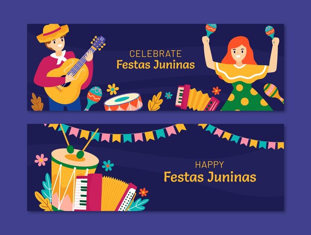 Colección de banners horizontales festas juninas planas