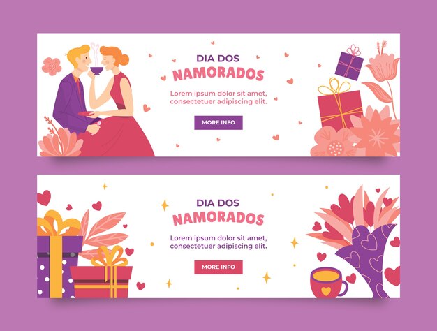 Colección de banners horizontales flat dia dos namorados