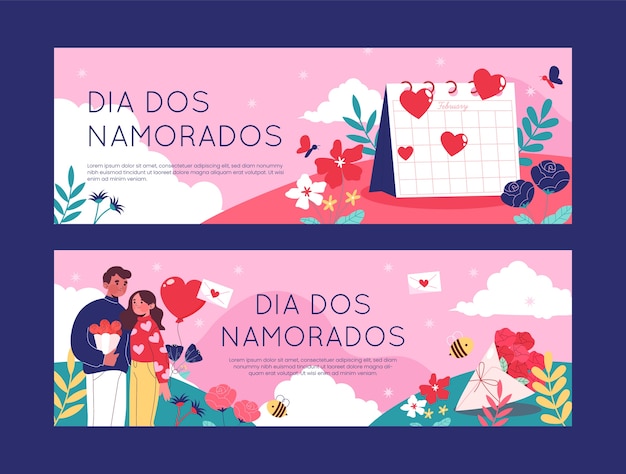 Vector gratuito colección de banners horizontales flat dia dos namorados