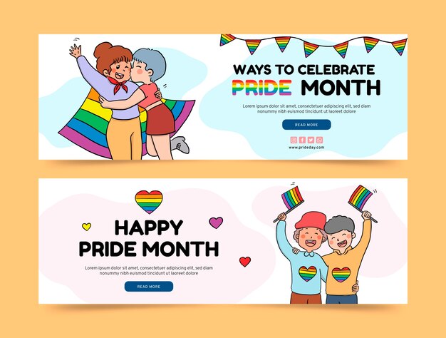 Colección de banners horizontales lgbt del mes del orgullo dibujado a mano