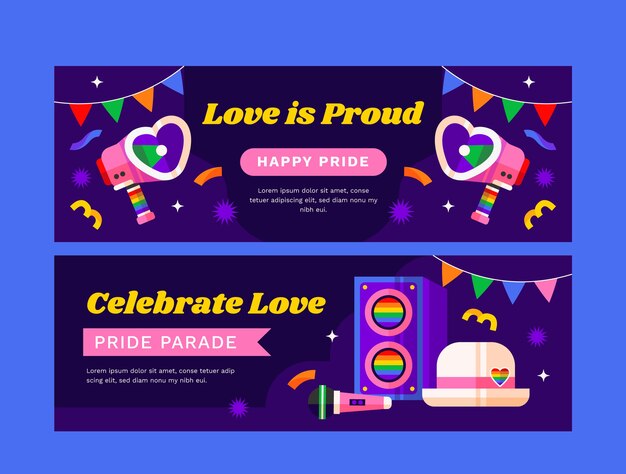 Colección de banners horizontales lgbt del mes del orgullo plano