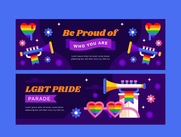 Colección de banners horizontales lgbt del mes del orgullo plano