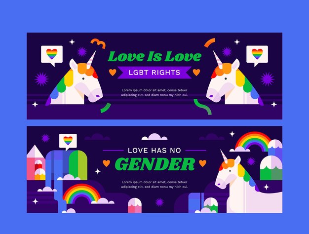 Colección de banners horizontales lgbt del mes del orgullo plano