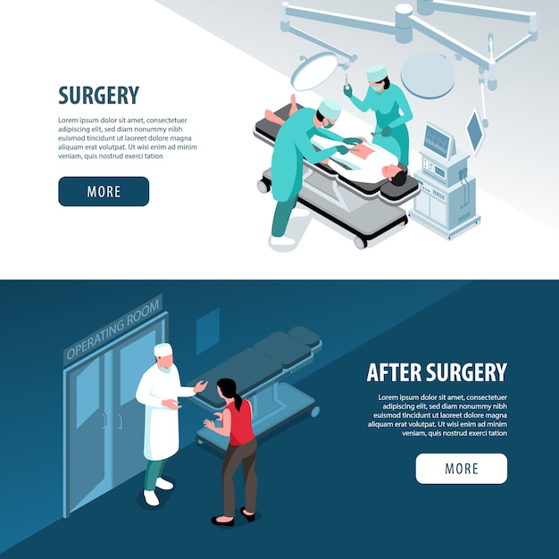 Vector gratuito colección de banners horizontales de médico cirujano isométrico con ilustración de texto y botones de operación quirúrgica de consulta