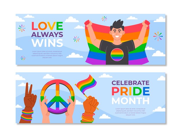 Colección de banners horizontales del mes del orgullo plano