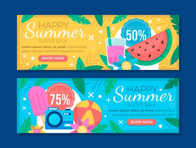Colección de banners horizontales de rebajas planas de verano