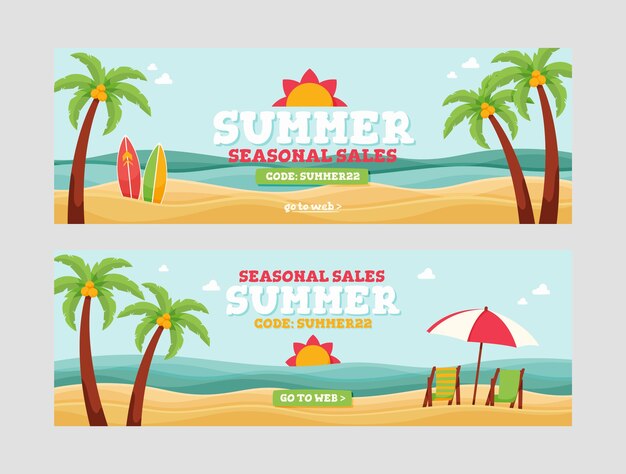 Colección de banners horizontales de rebajas planas de verano