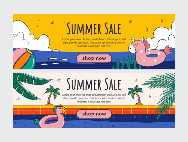 Colección de banners horizontales de rebajas de verano dibujados a mano