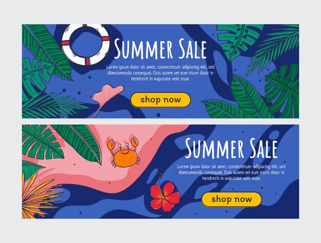 Colección de banners horizontales de rebajas de verano dibujados a mano