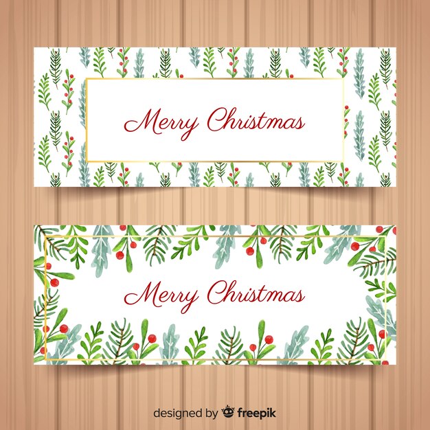 Colección de banners de navidad con hojas y flores en acuarela