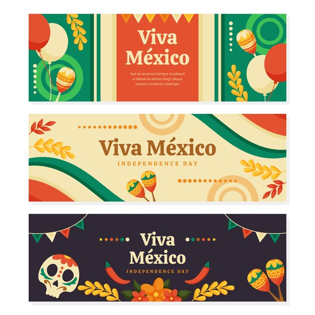 Colección de banners planos horizontales para la celebración de la independencia de méxico